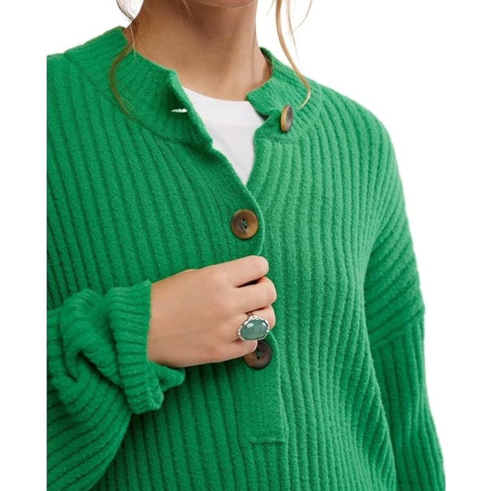 FREE PEOPLE Cocoa Henley Ribbed Pullover Kelly Emerald Green Sweater | Size XS